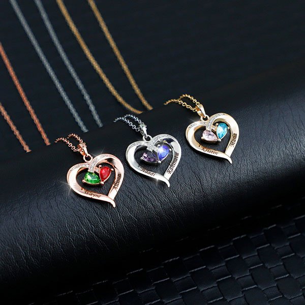 Heart shaped birthstone name necklace